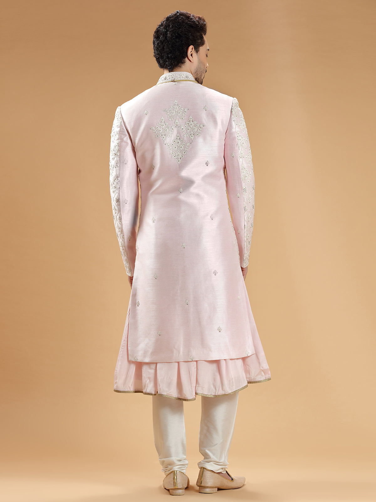Light pink raw silk groom sherwani