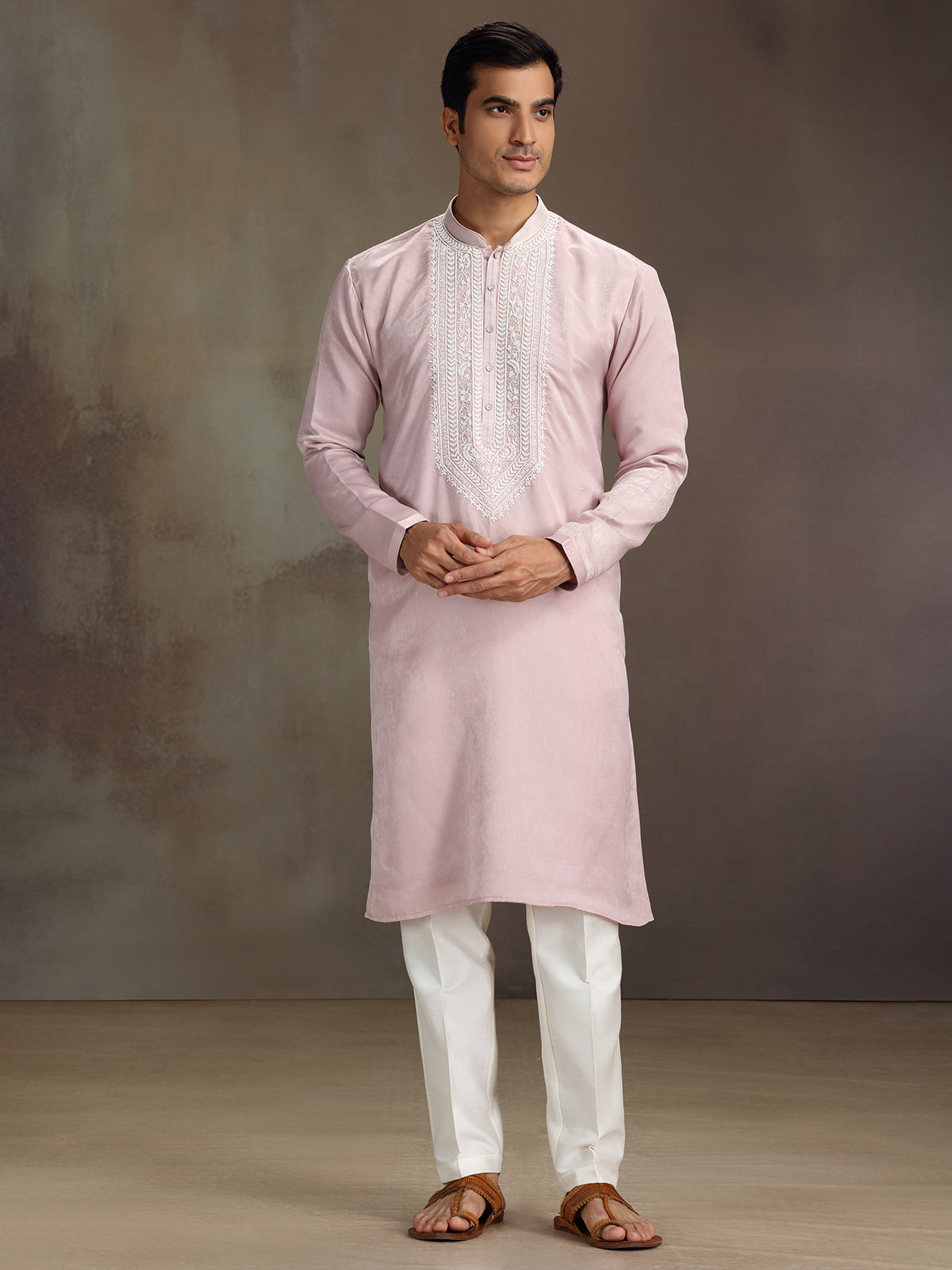 Light pink silk cutdana beaded work kurta suit