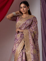 Light purple silk saree embellished with beads and resham