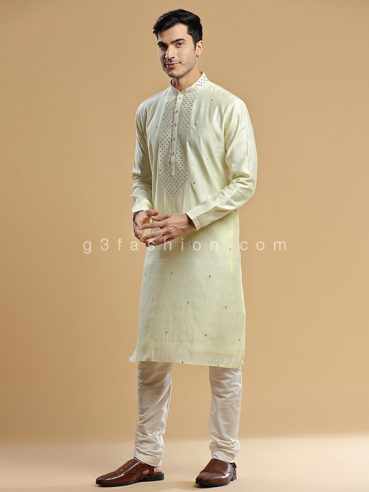 Light yellow silk festive wear kurta suit