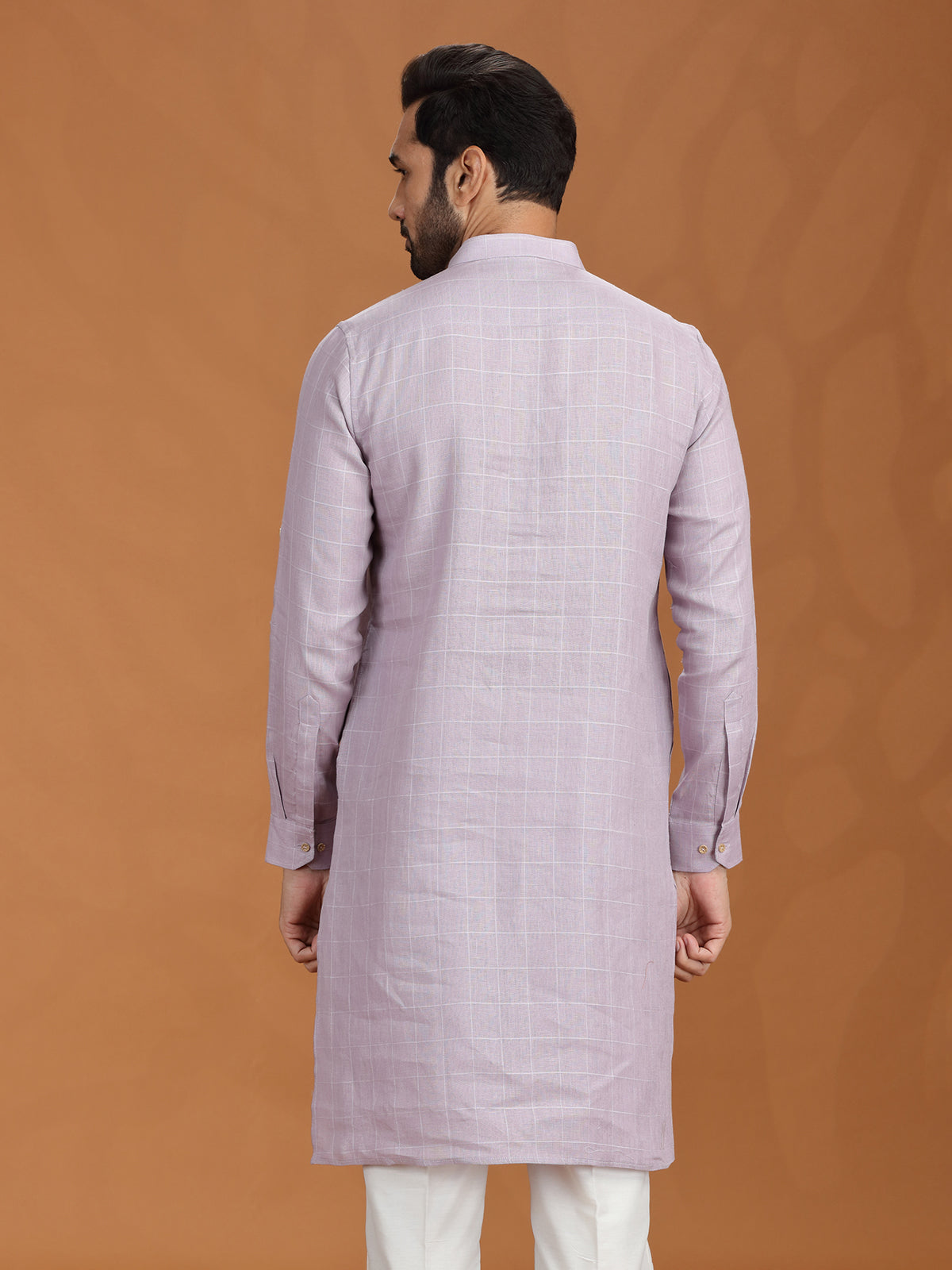Lilac purple checked linen kurta for festival wear