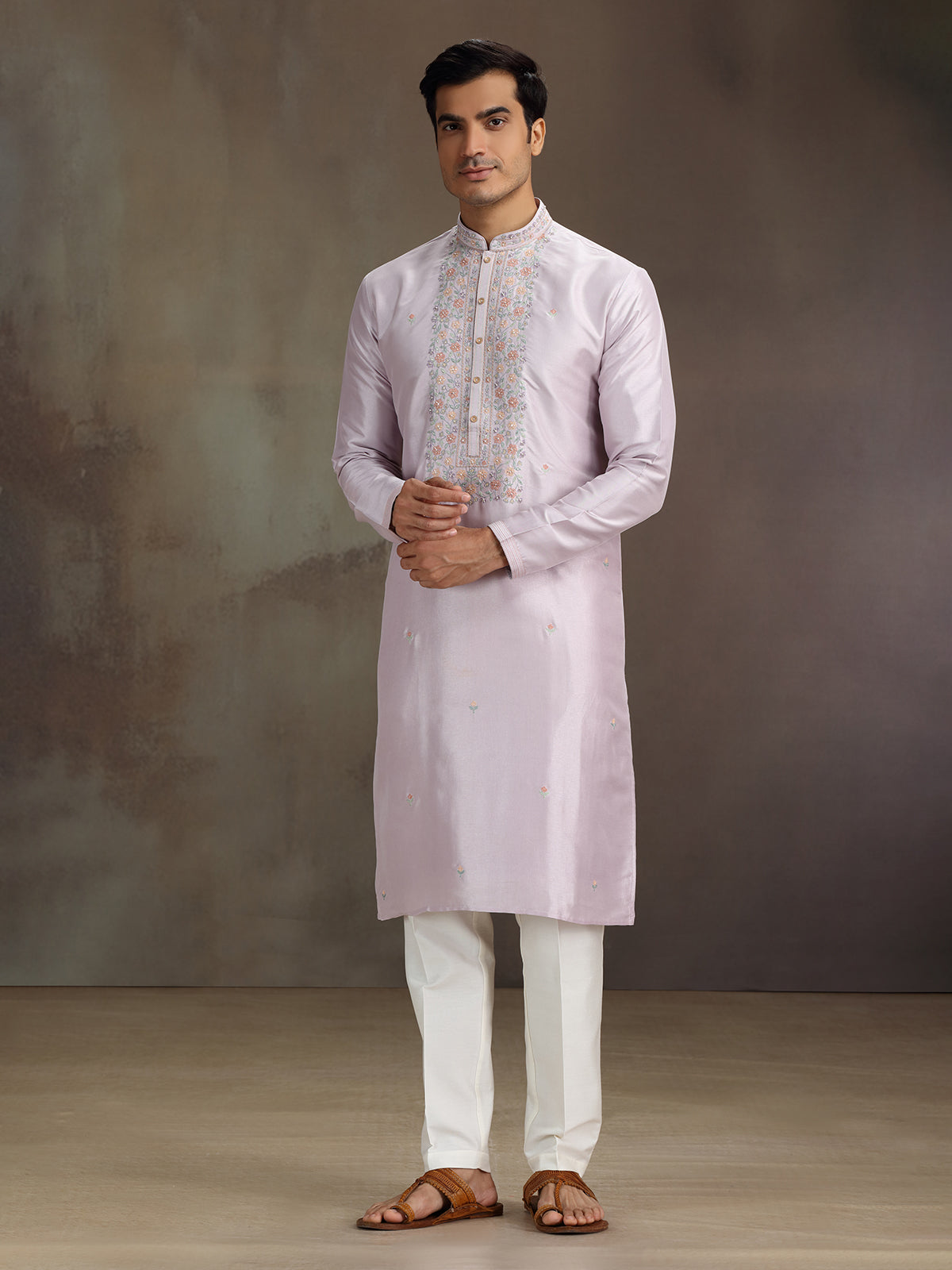 Lilac purple silk embroidered work kurta suit
