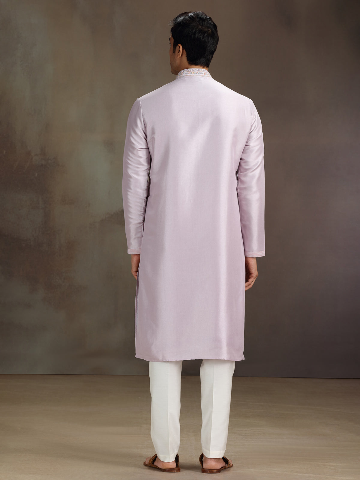 Lilac purple silk embroidered work kurta suit
