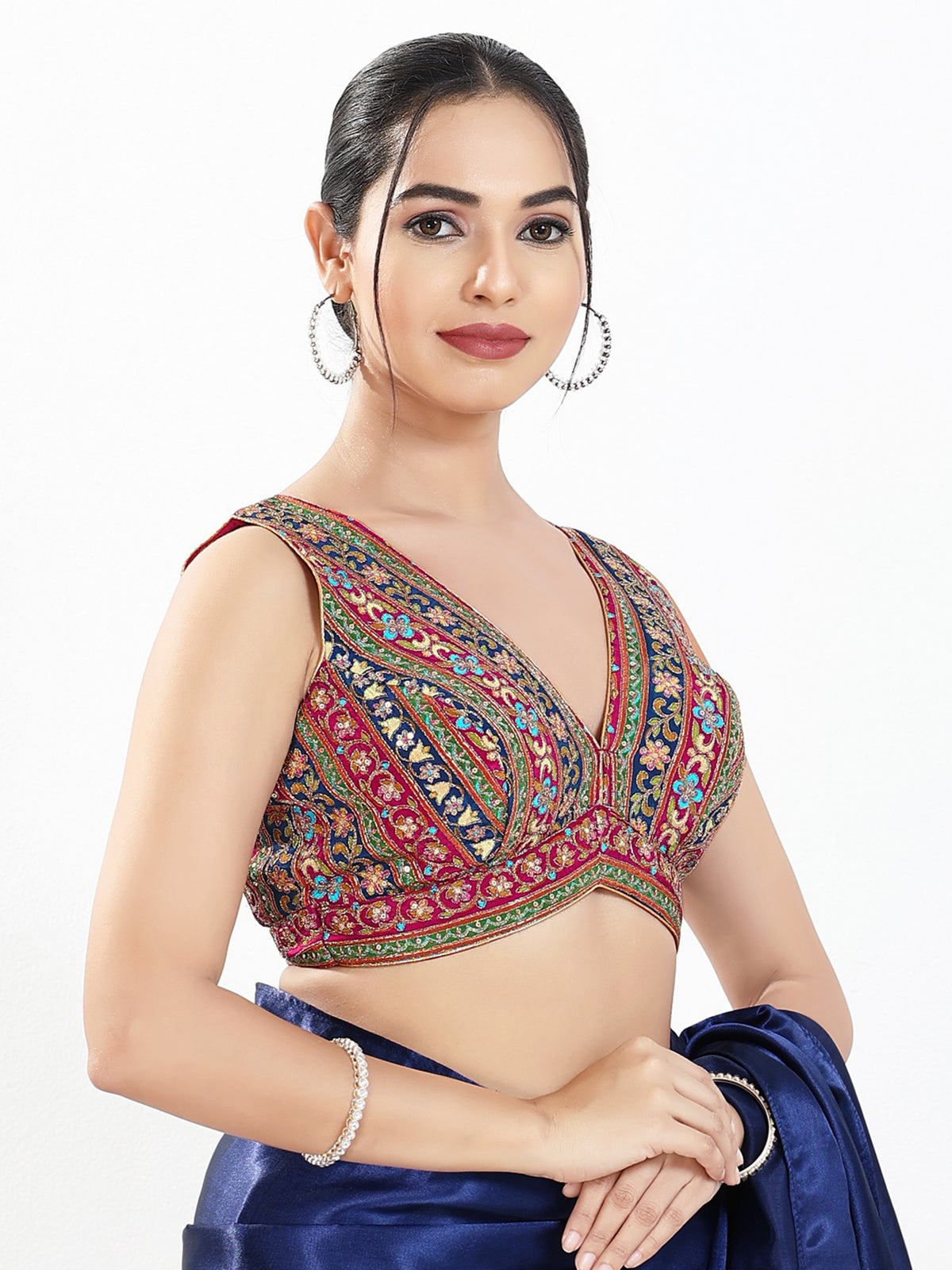 Magenta georgette sequins V neck blouse