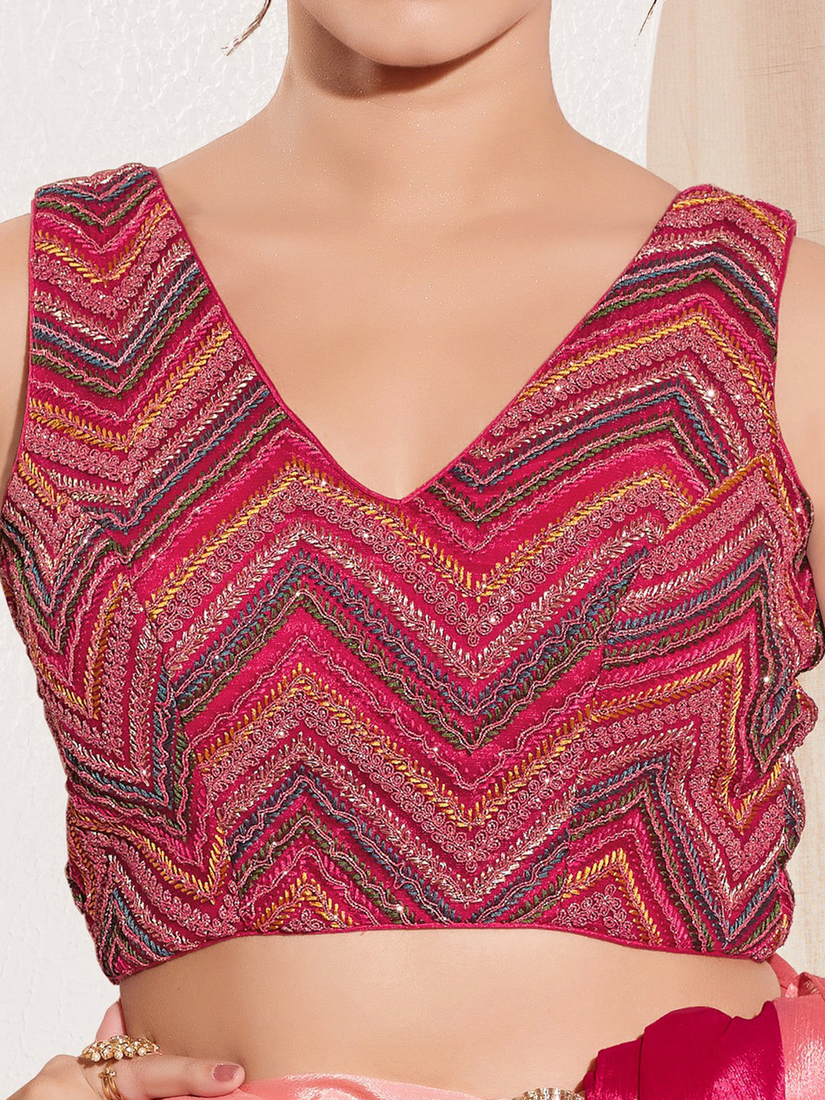 Magenta net v neck sleeveless sequin blouse