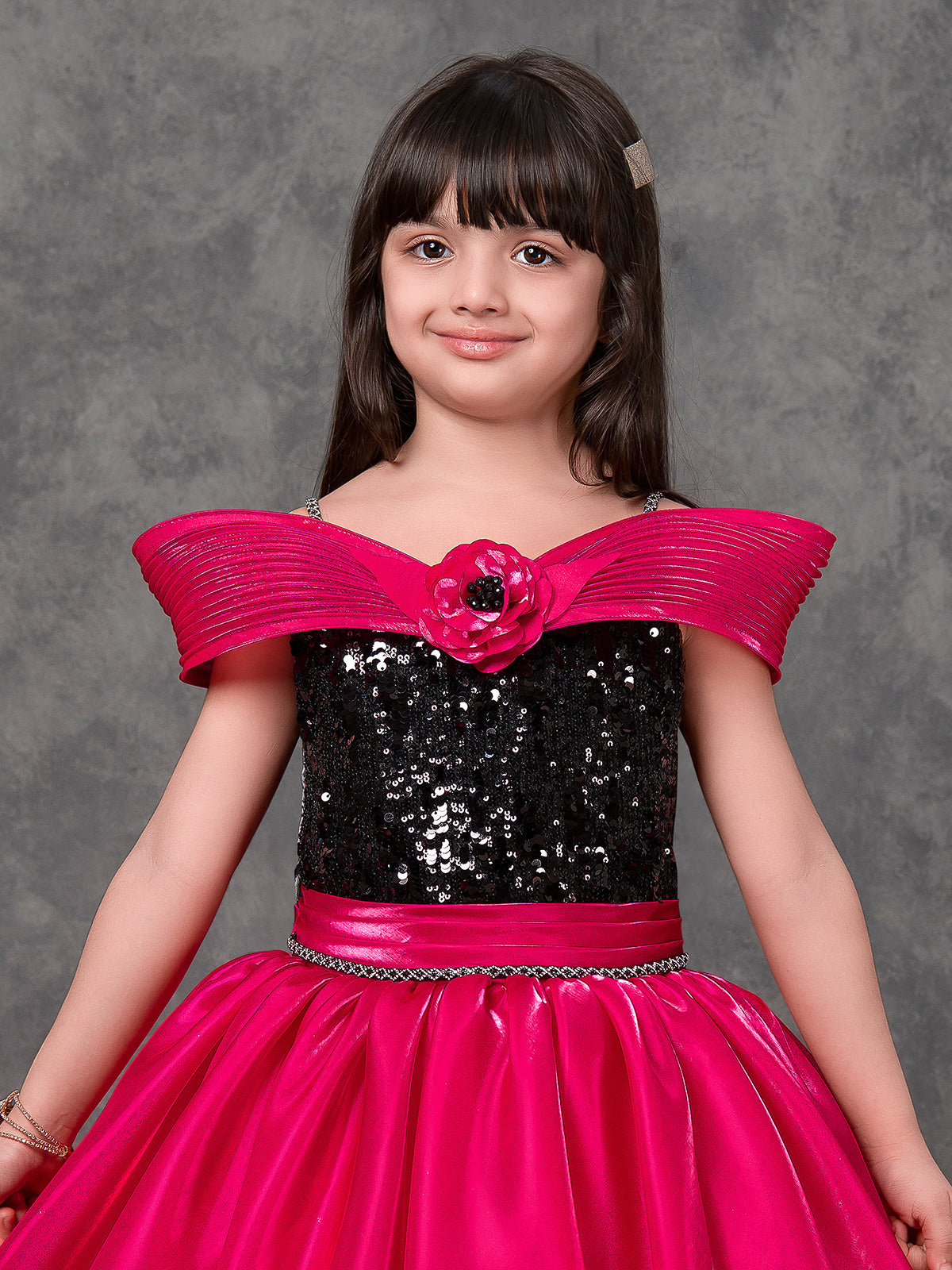 Magenta satin silk designer gown with pearls
