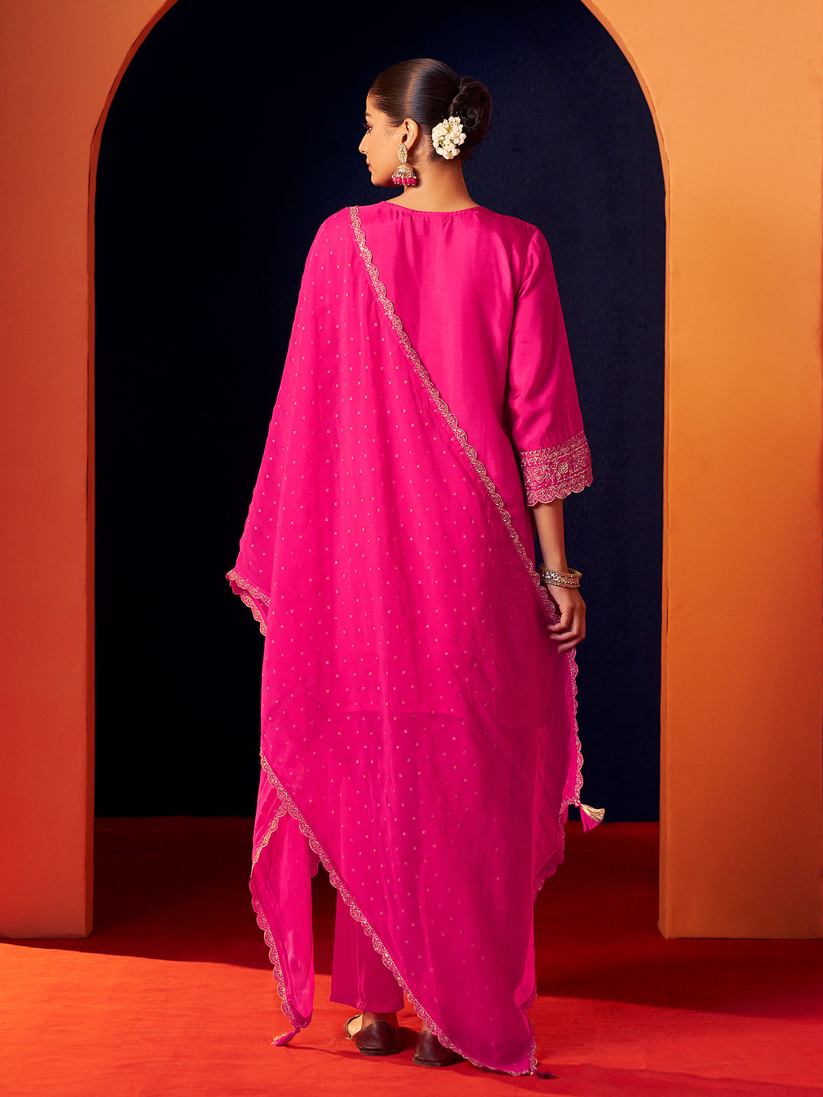 Magenta silk kurti set with palazzo and dupatta