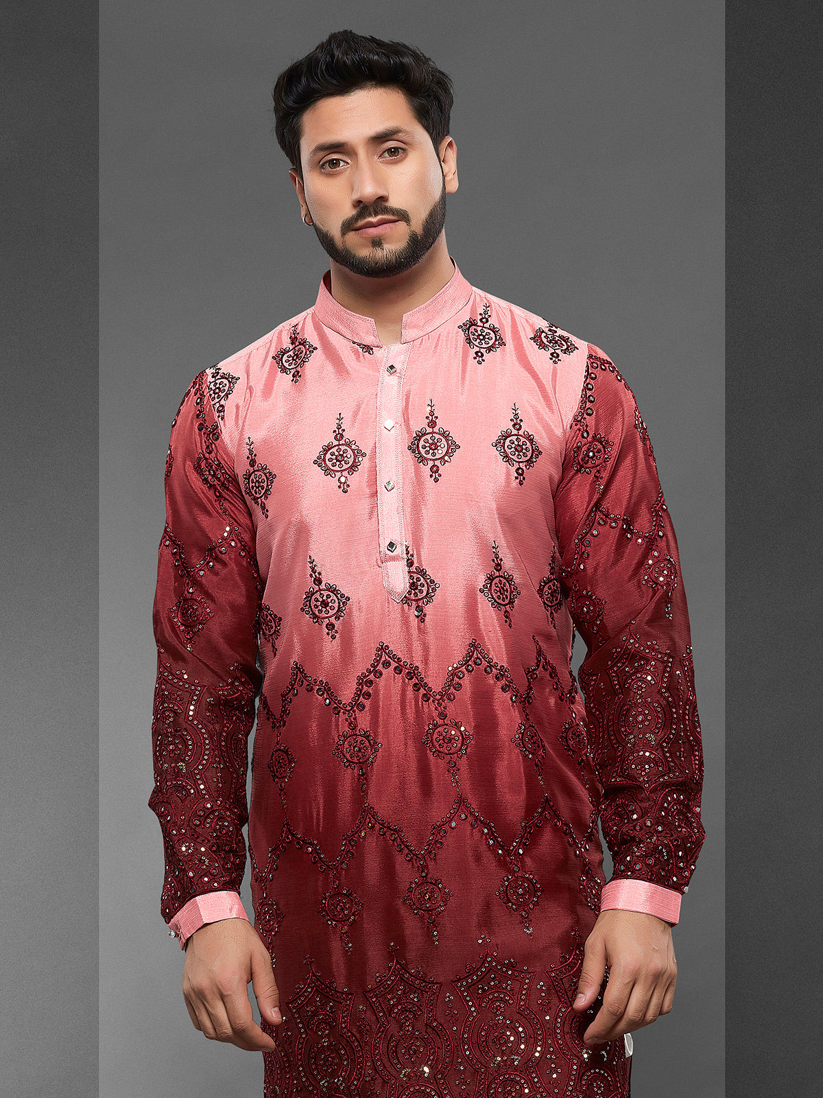 Maroon and light pink silk kurta suit for men