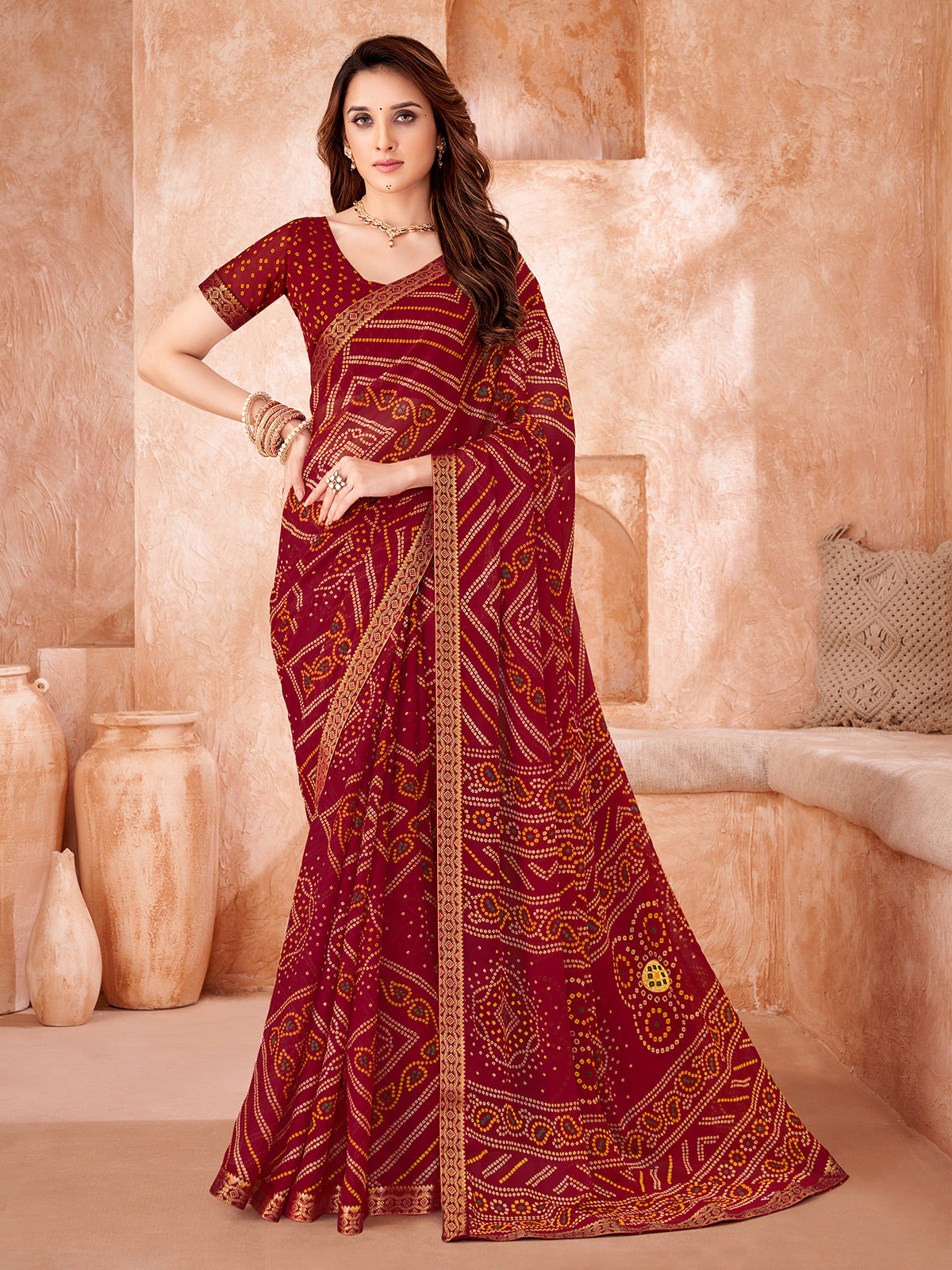 Maroon chiffon printed saree for festive wear