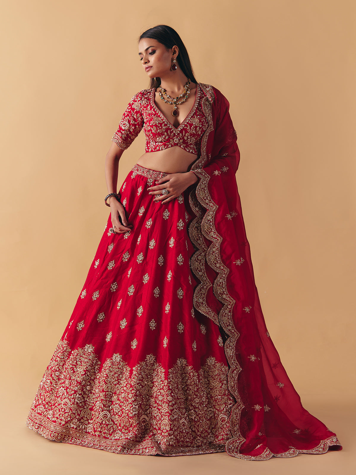 Maroon raw silk zardosi lehenga choli