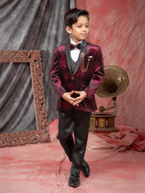 Maroon reception wear velvet coat suit for boys