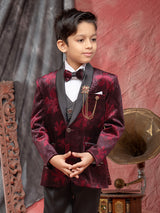 Maroon reception wear velvet coat suit for boys