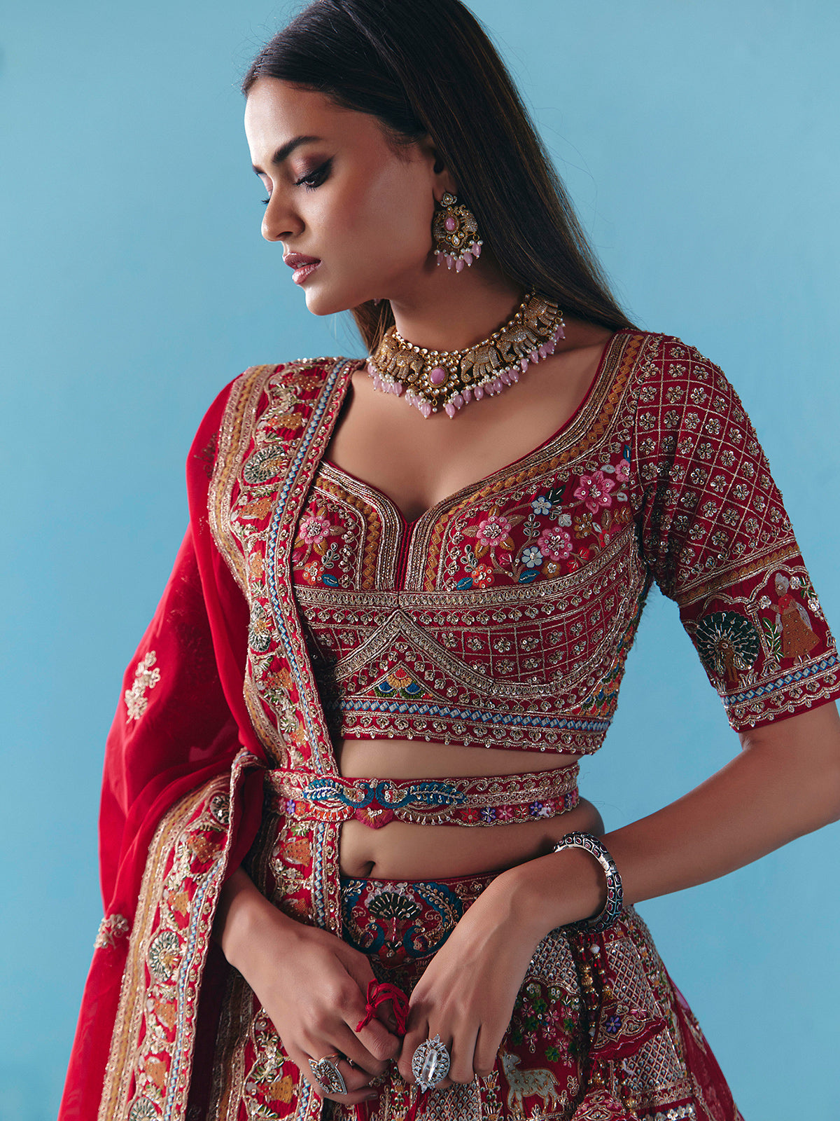 Maroon silk lehenga choli with zardosi diamond grandeur