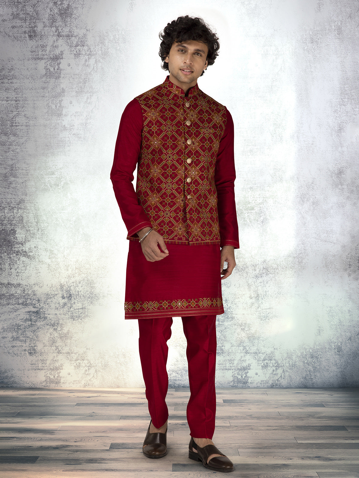 Maroon silk waistcoat set with aabla and thread work