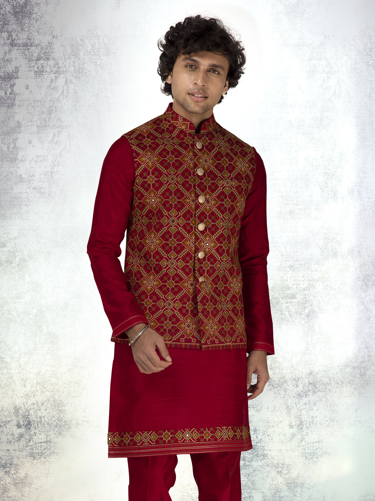 Maroon silk waistcoat set with aabla and thread work
