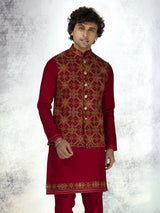 Maroon silk waistcoat set with aabla and thread work