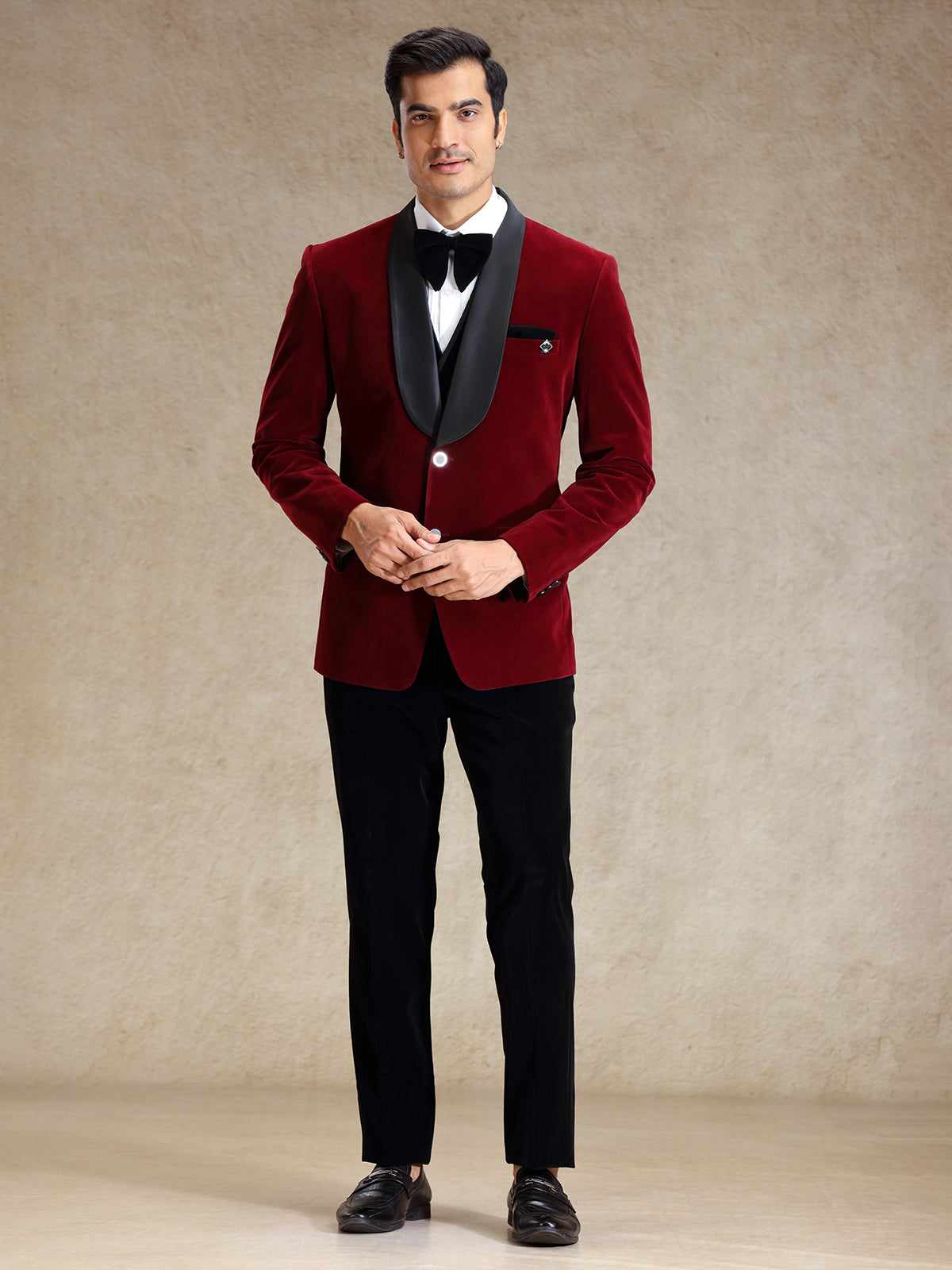 Maroon velvet 5 pcs tuxedo suit for reception