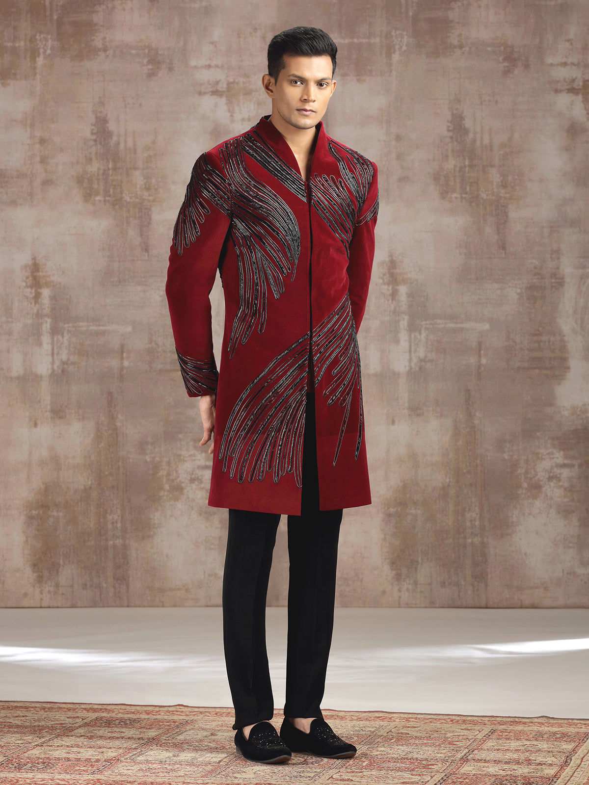 Maroon velvet indo western with zardosi detailing