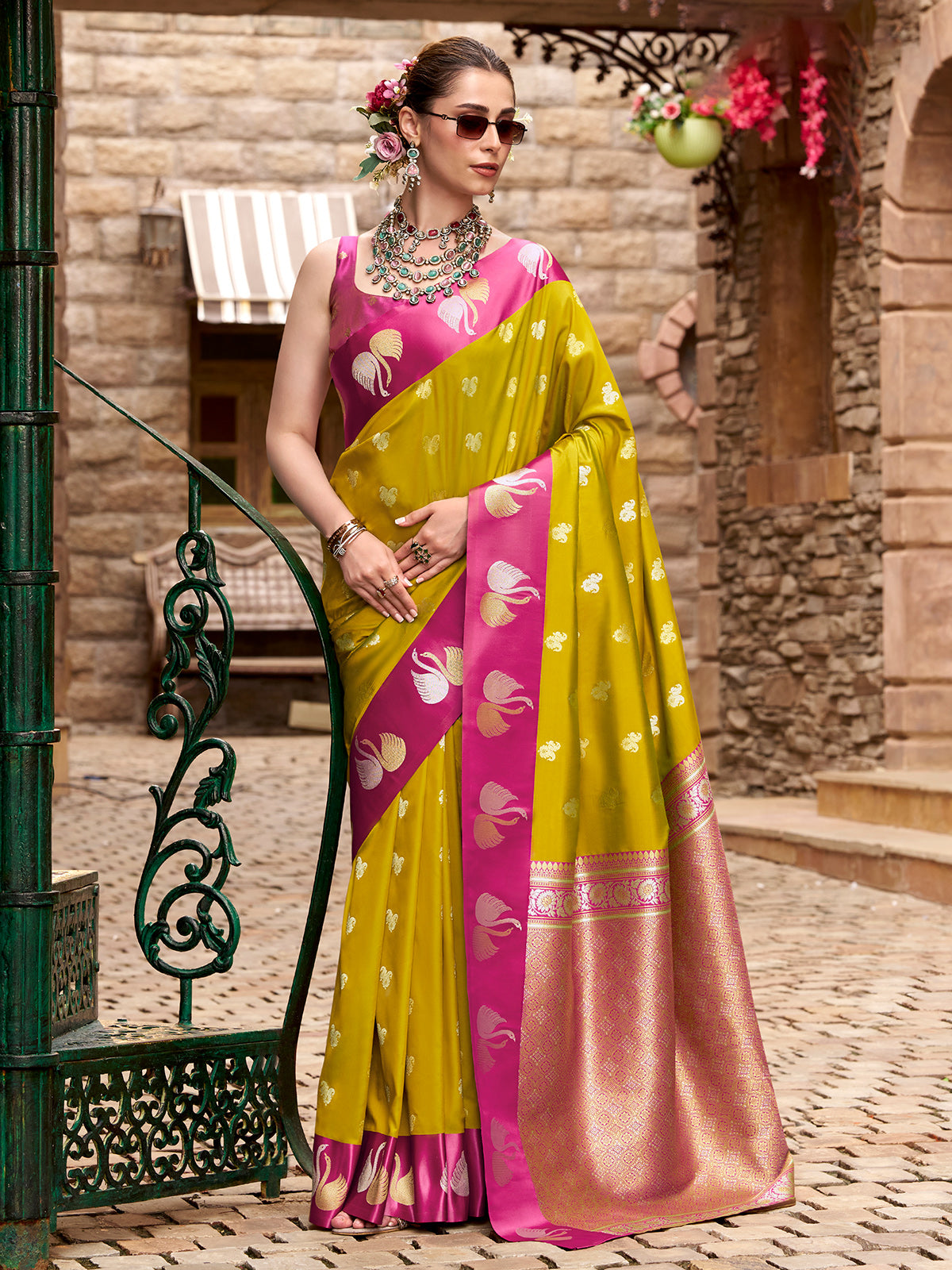Mehendi green satin silk festive zari charm