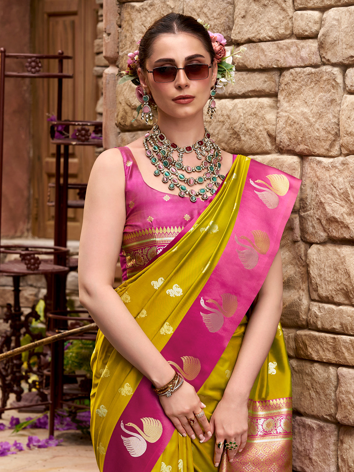Mehendi green satin silk festive zari charm