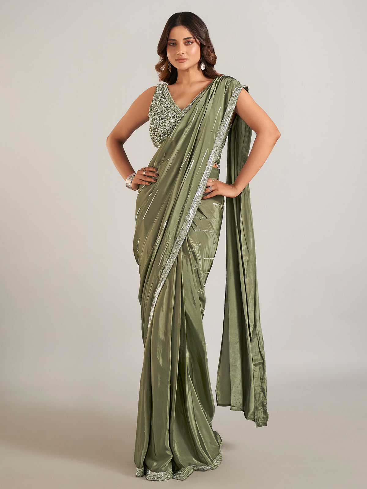 Mehendi green satin silk party wear saree