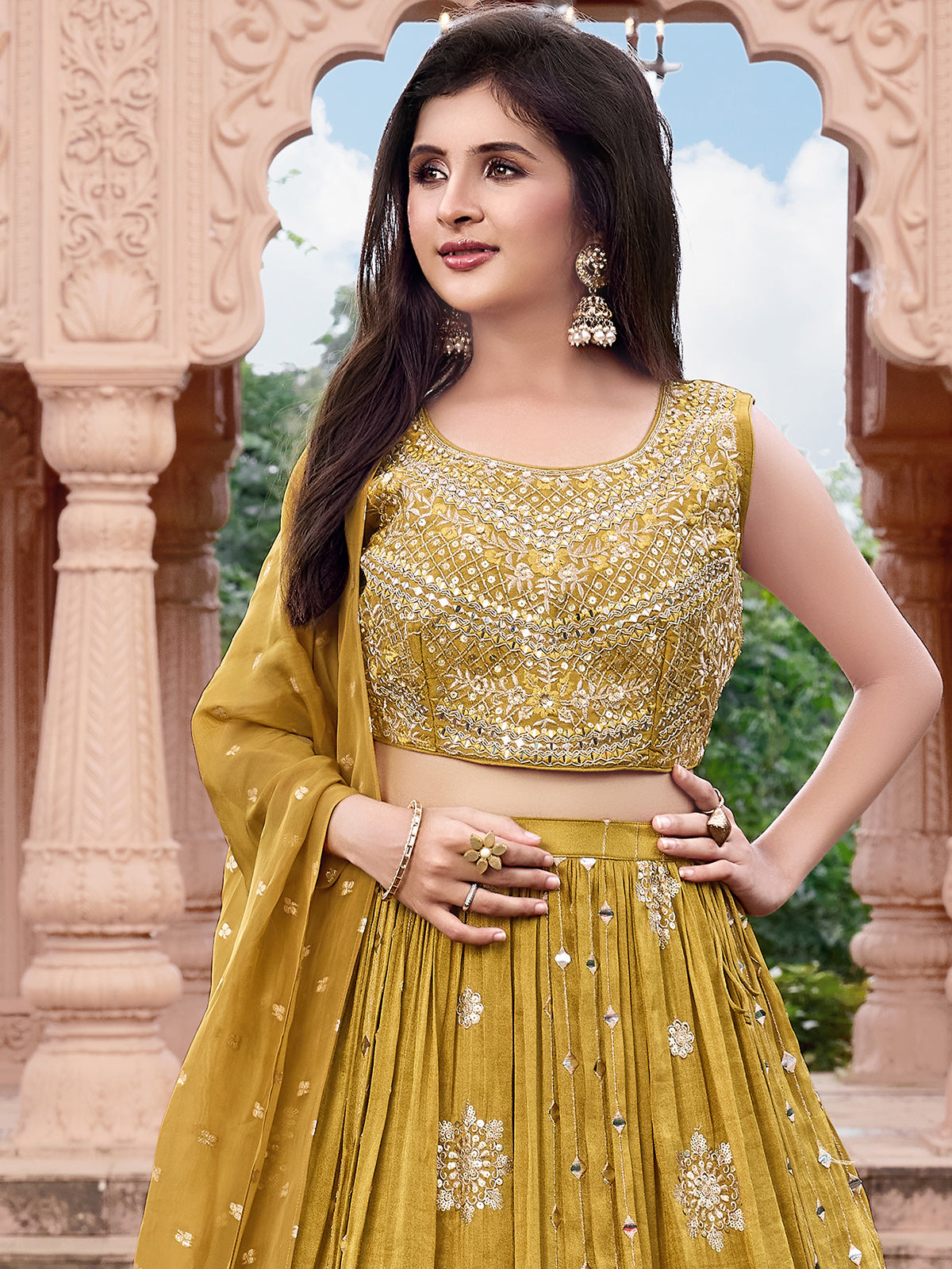 Mehendi olive silk aabla work lehenga choli with dupatta