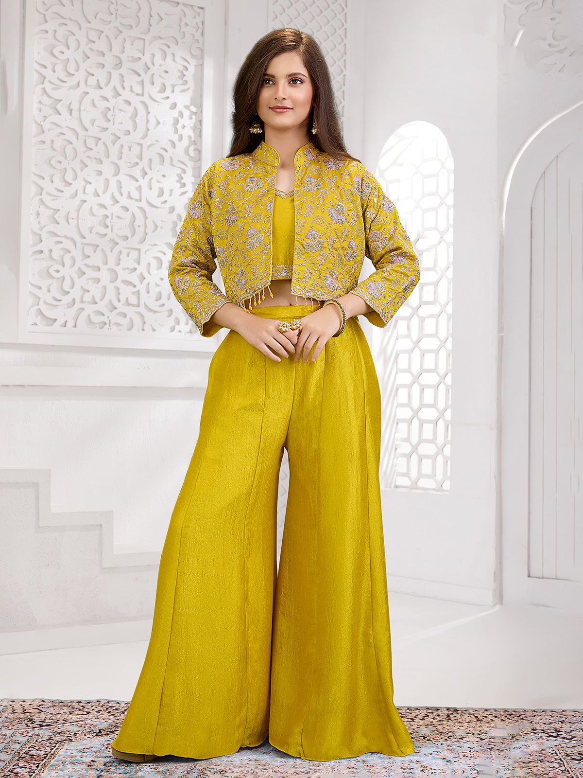 Mehendi yellow silk palazzo haldi suit