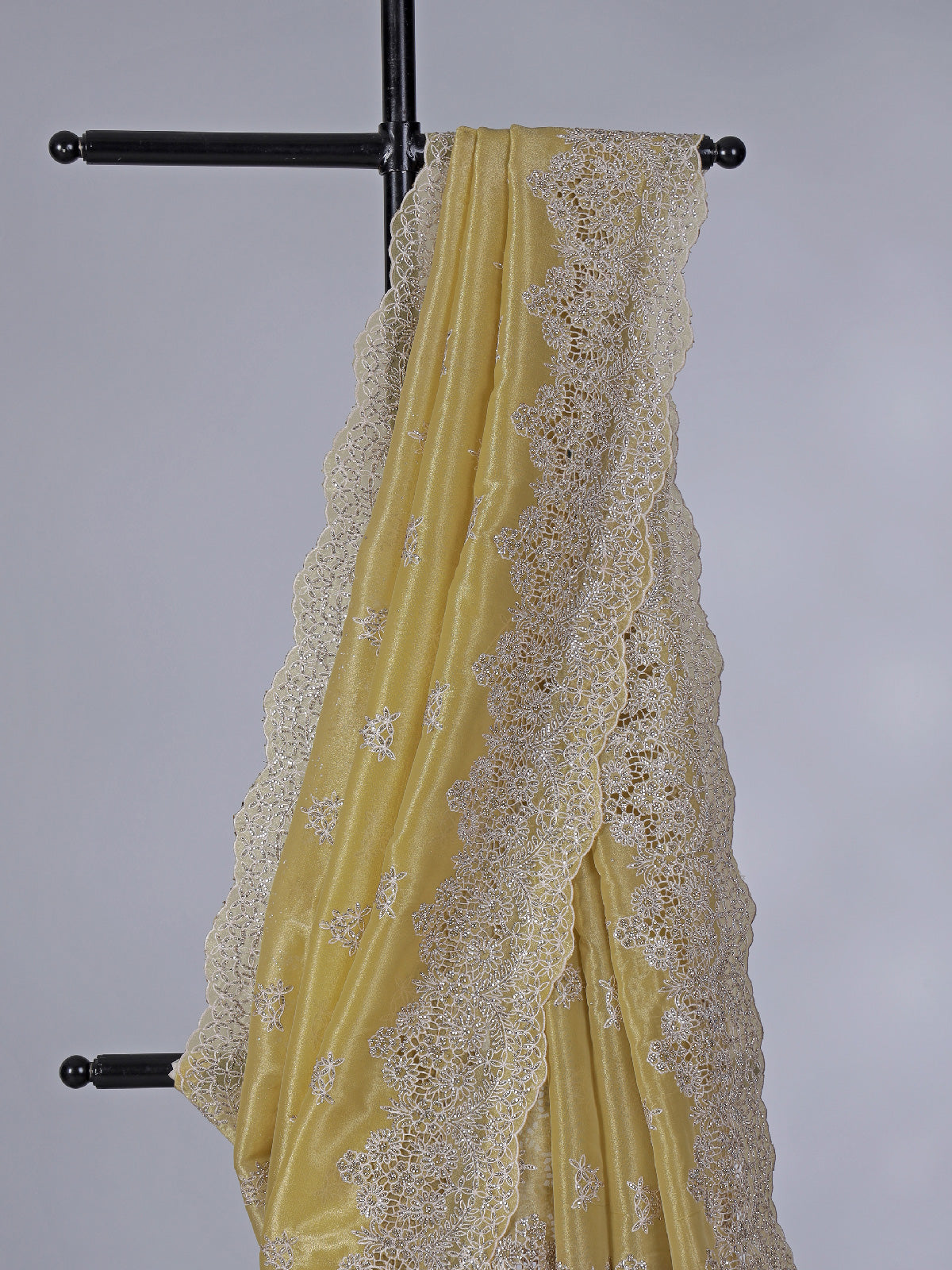 Mehendi yellow tissue silk saree with diamond cutwork