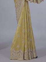 Mehendi yellow tissue silk saree with diamond cutwork