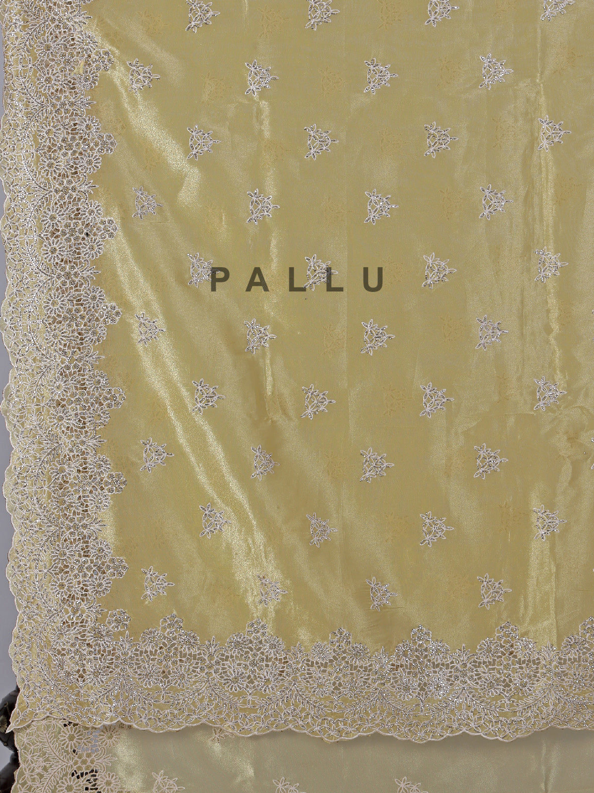 Mehendi yellow tissue silk saree with diamond cutwork