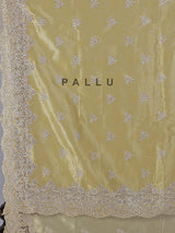 Mehendi yellow tissue silk saree with diamond cutwork