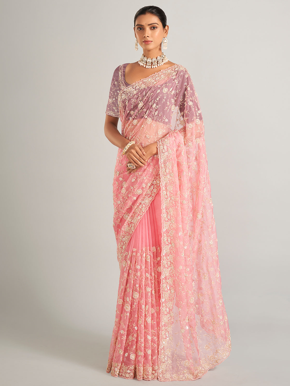 Organza silk light pink  saree