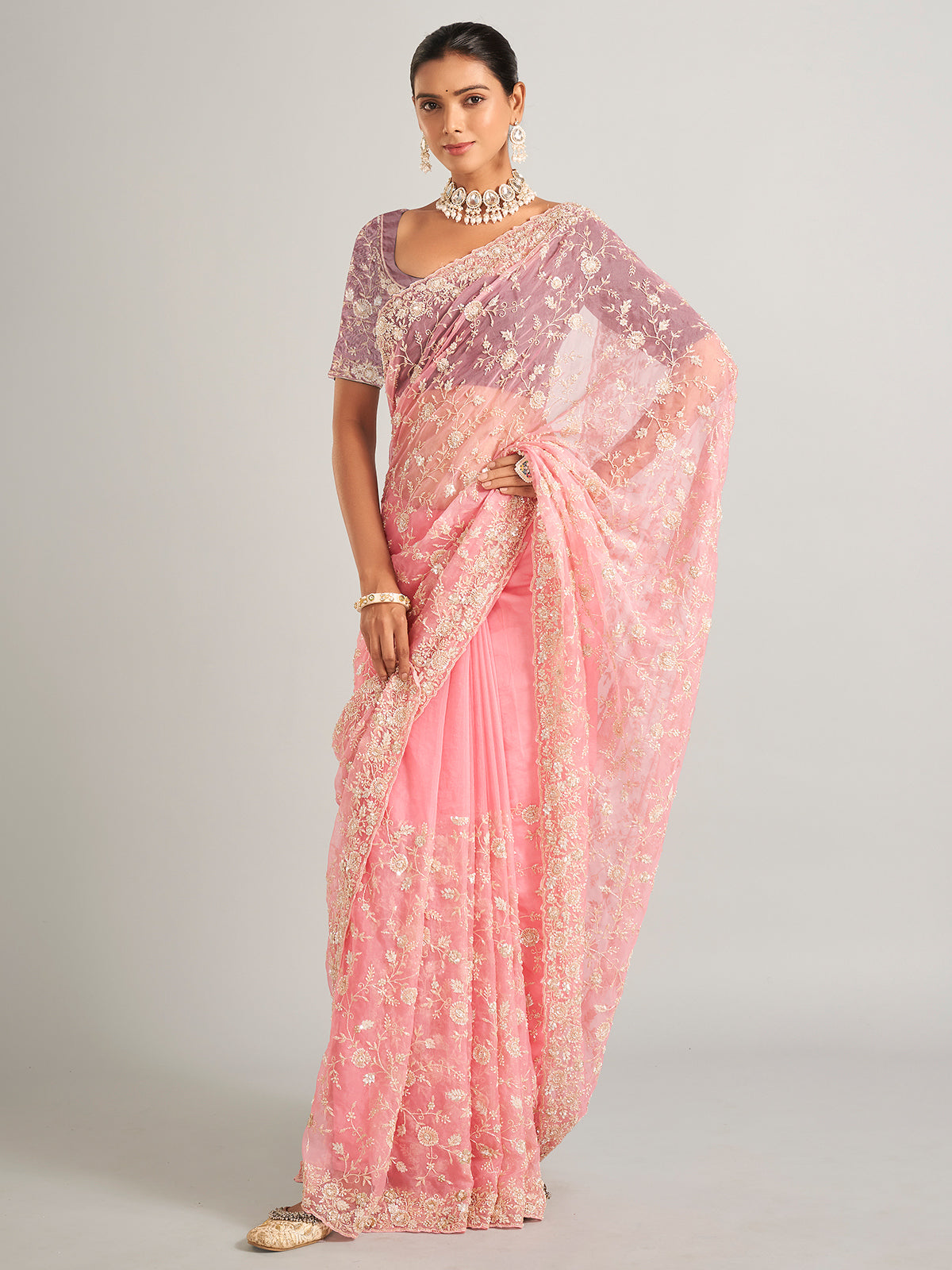 Organza silk light pink  saree