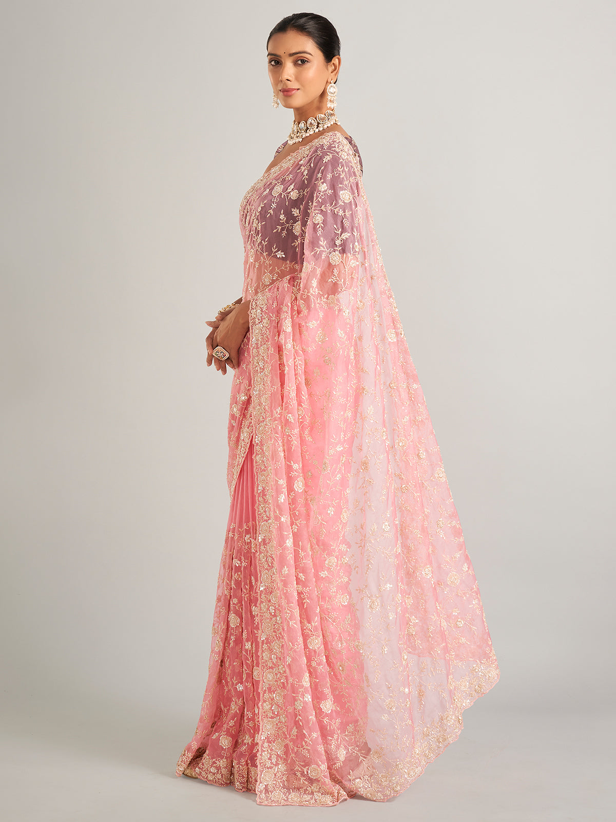 Organza silk light pink  saree