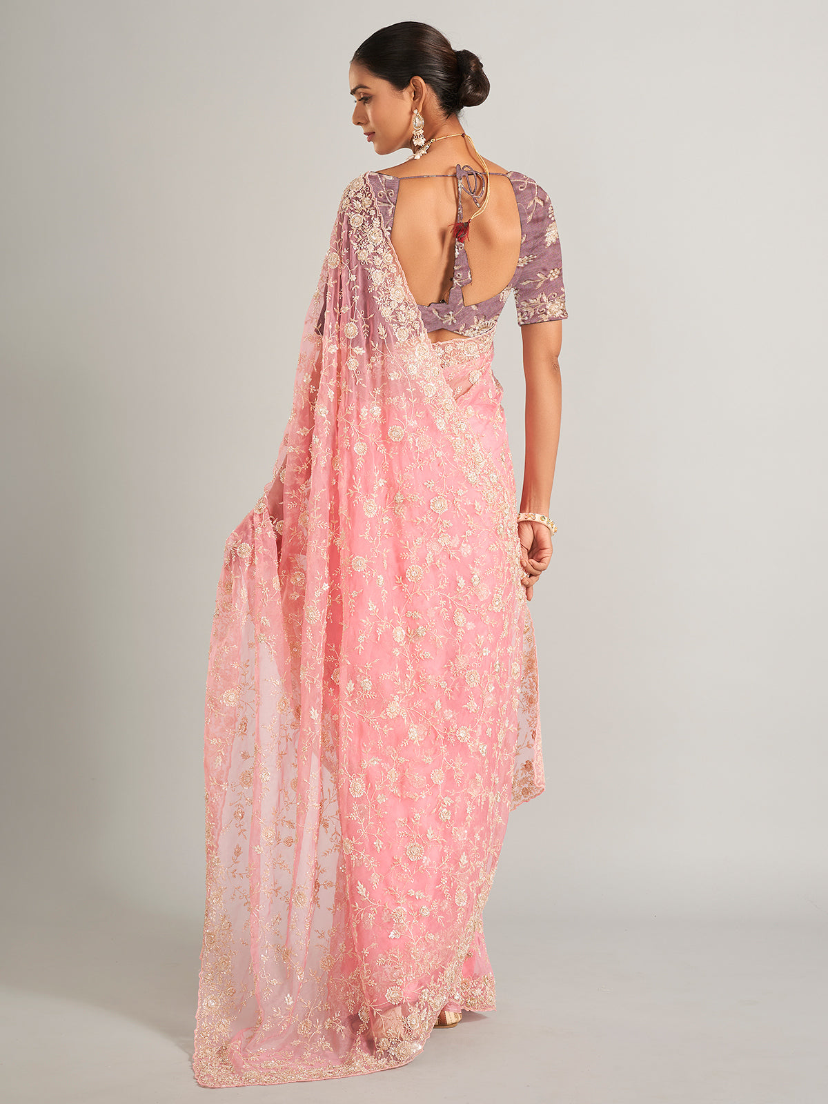 Organza silk light pink  saree