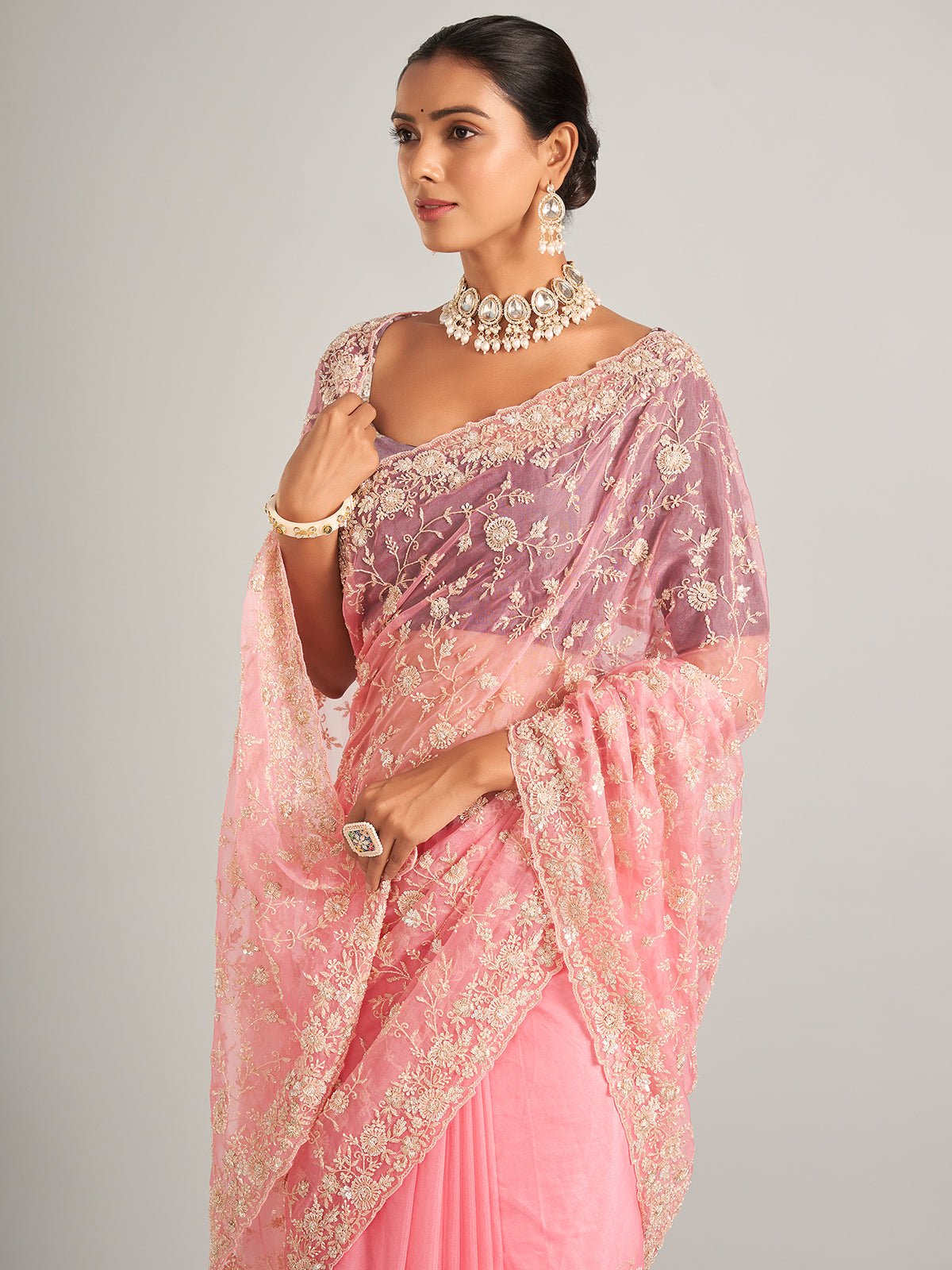 Organza silk light pink  saree