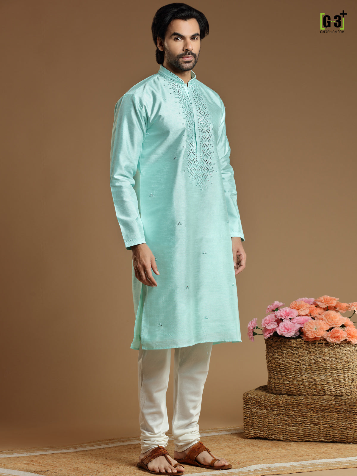 Mint blue cotton silk kurta suit for men