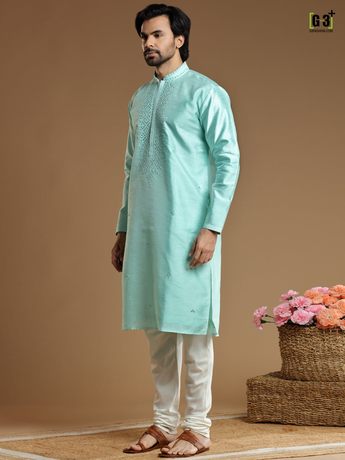 Mint blue cotton silk kurta suit for men
