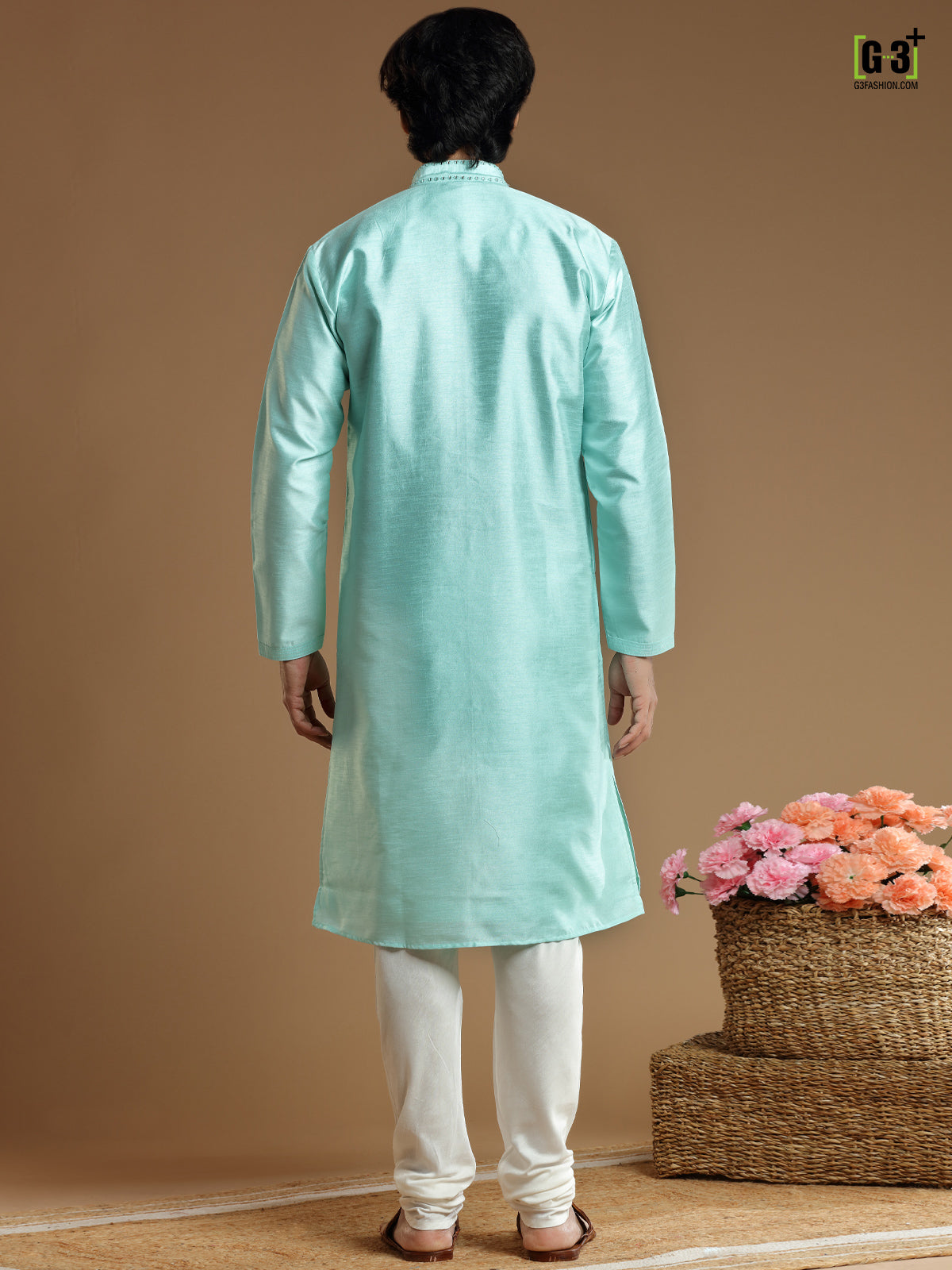 Mint blue cotton silk kurta suit for men