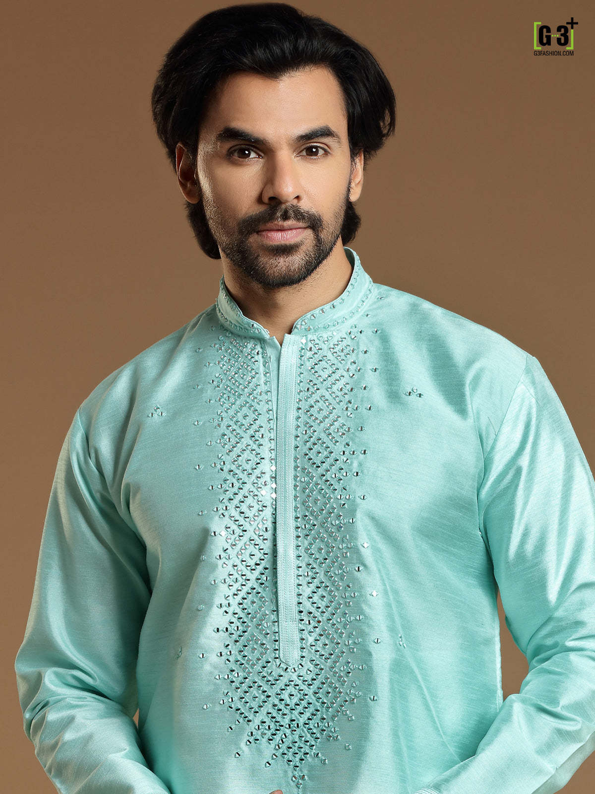 Mint blue cotton silk kurta suit for men