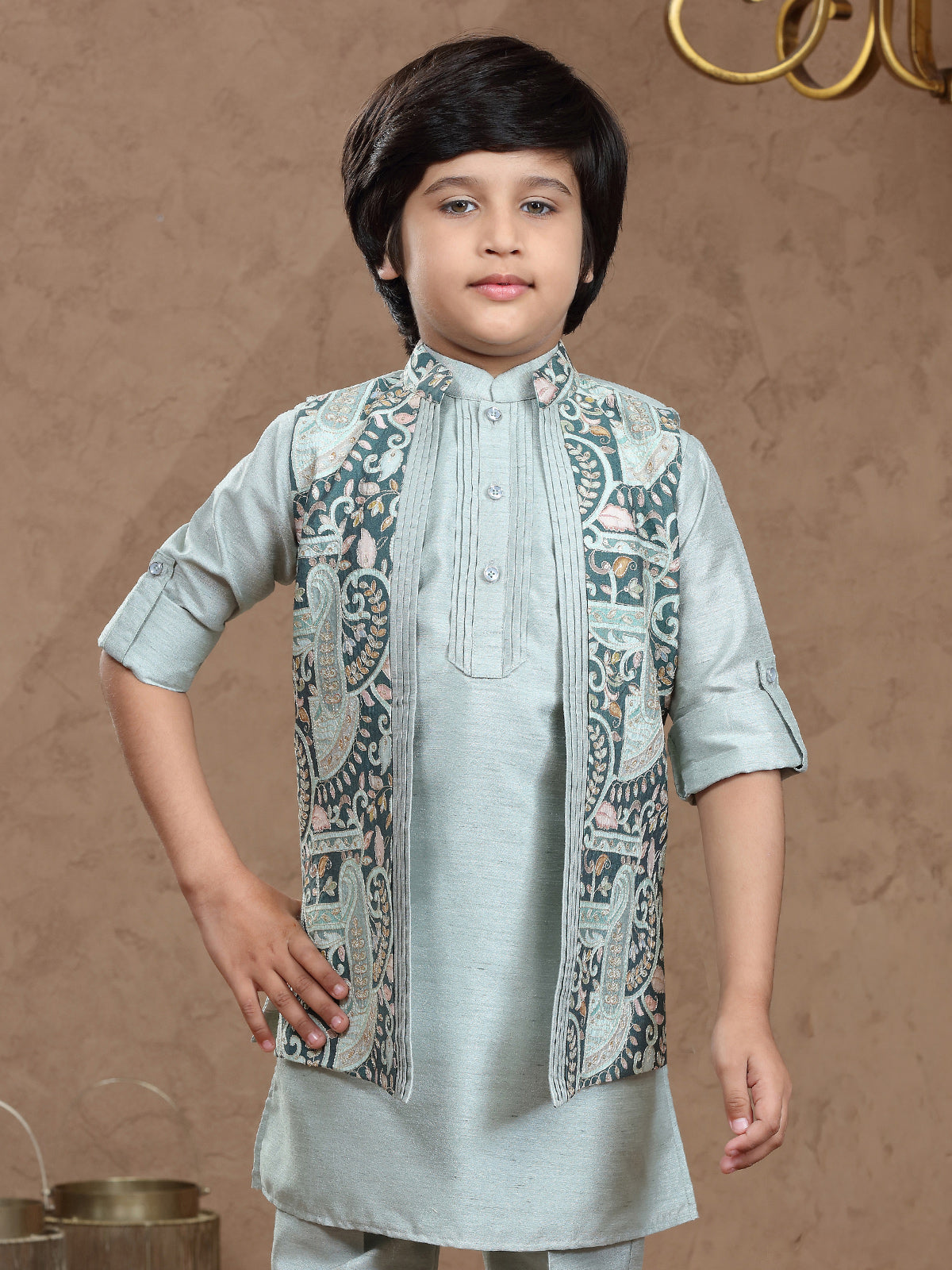 Mint blue silk jacket style waistcoat set with thread work