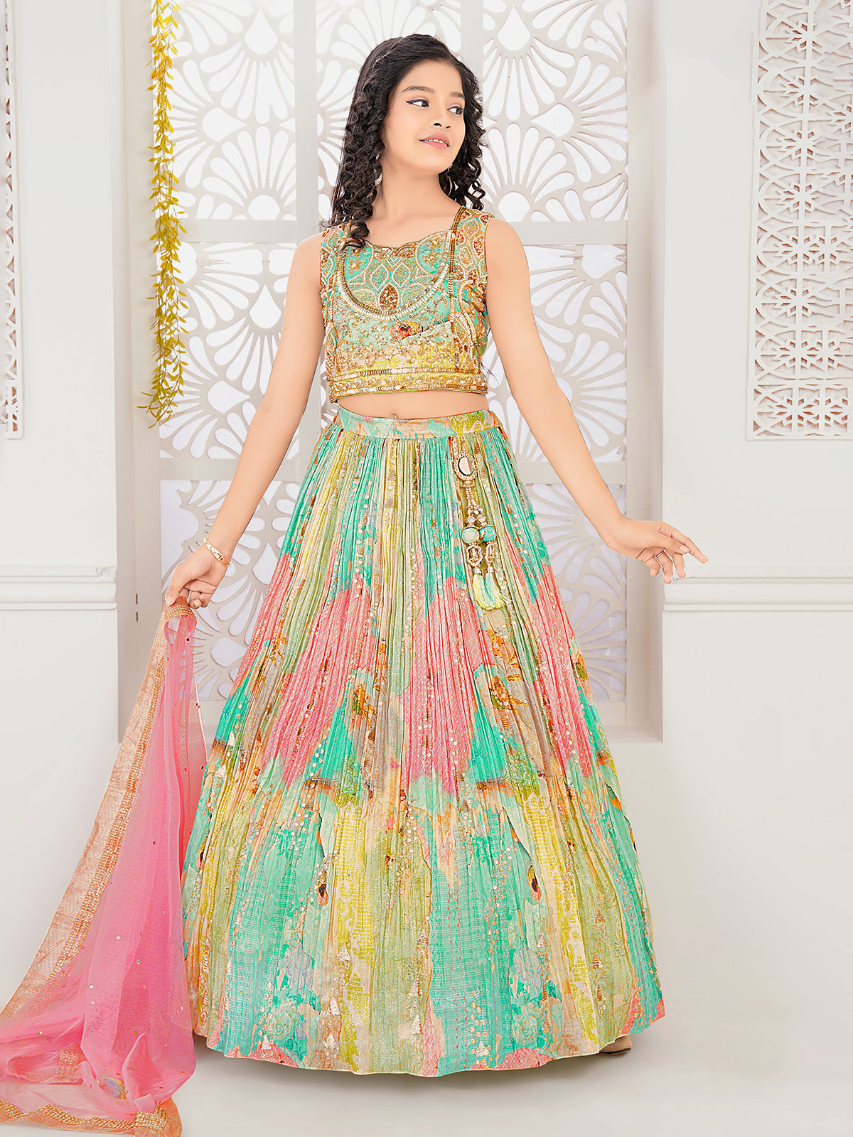 Mint green silk aabla work lehenga choli with dupatta