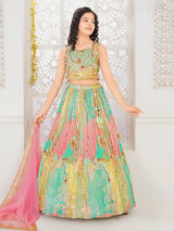 Mint green silk aabla work lehenga choli with dupatta