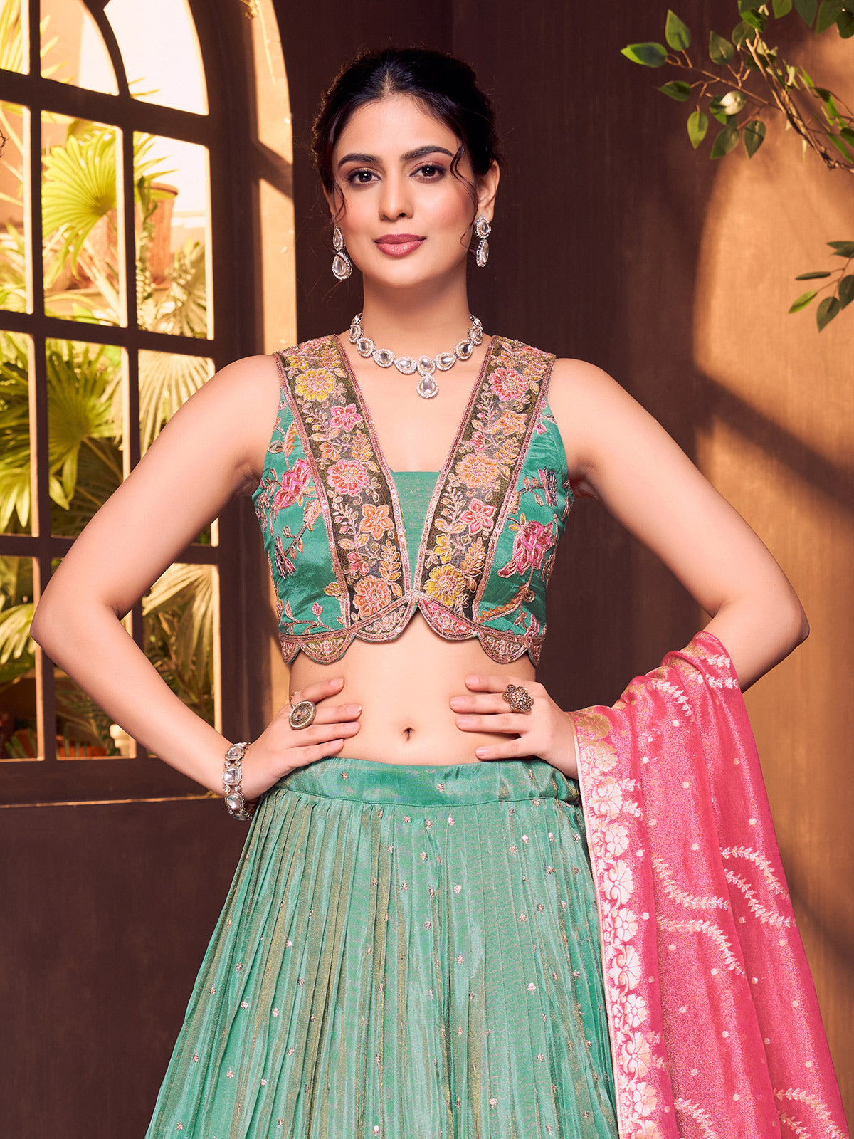 Mint green silk V neck floral printed lehenga choliq