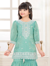 Mint green tissue silk sharara suit with pearl work