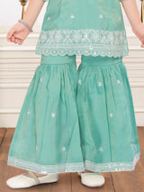 Mint green tissue silk sharara suit with pearl work