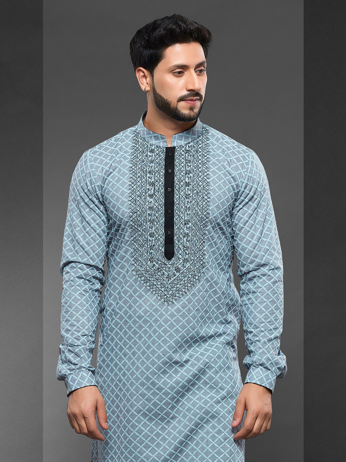 Mismerzing light blue cotton kurta suit for men