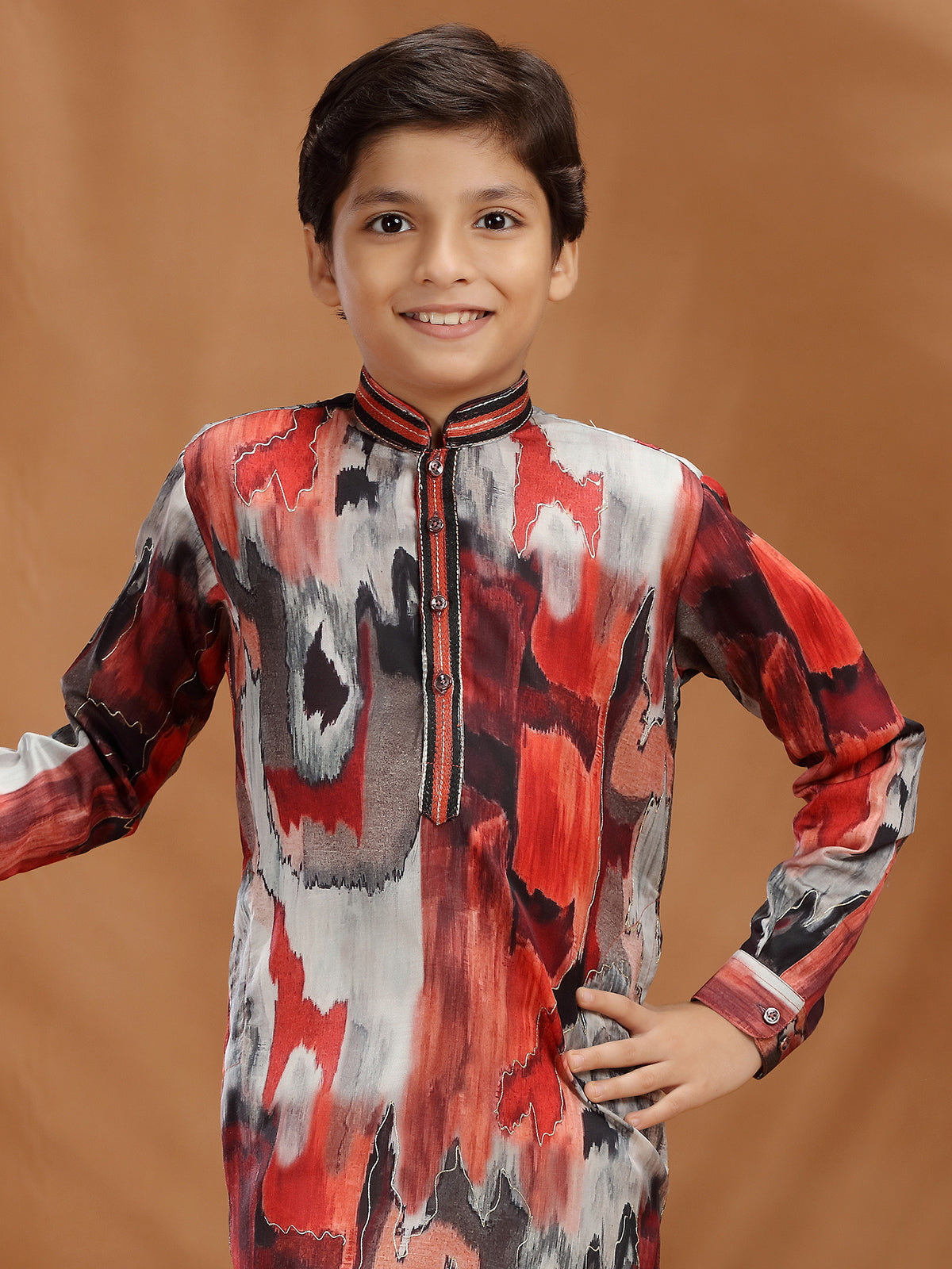 Multi color printed silk kurta suit for boys
