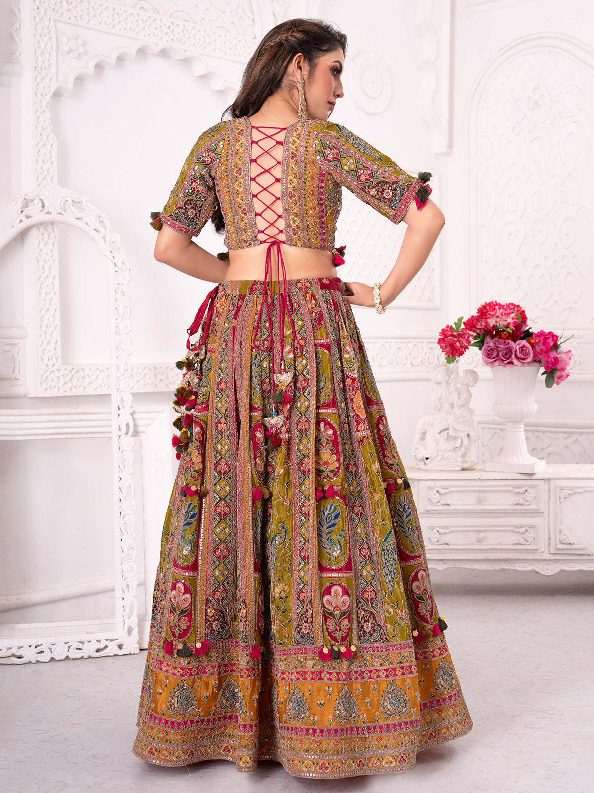 Multi colour silk lehenga choli for celebrations