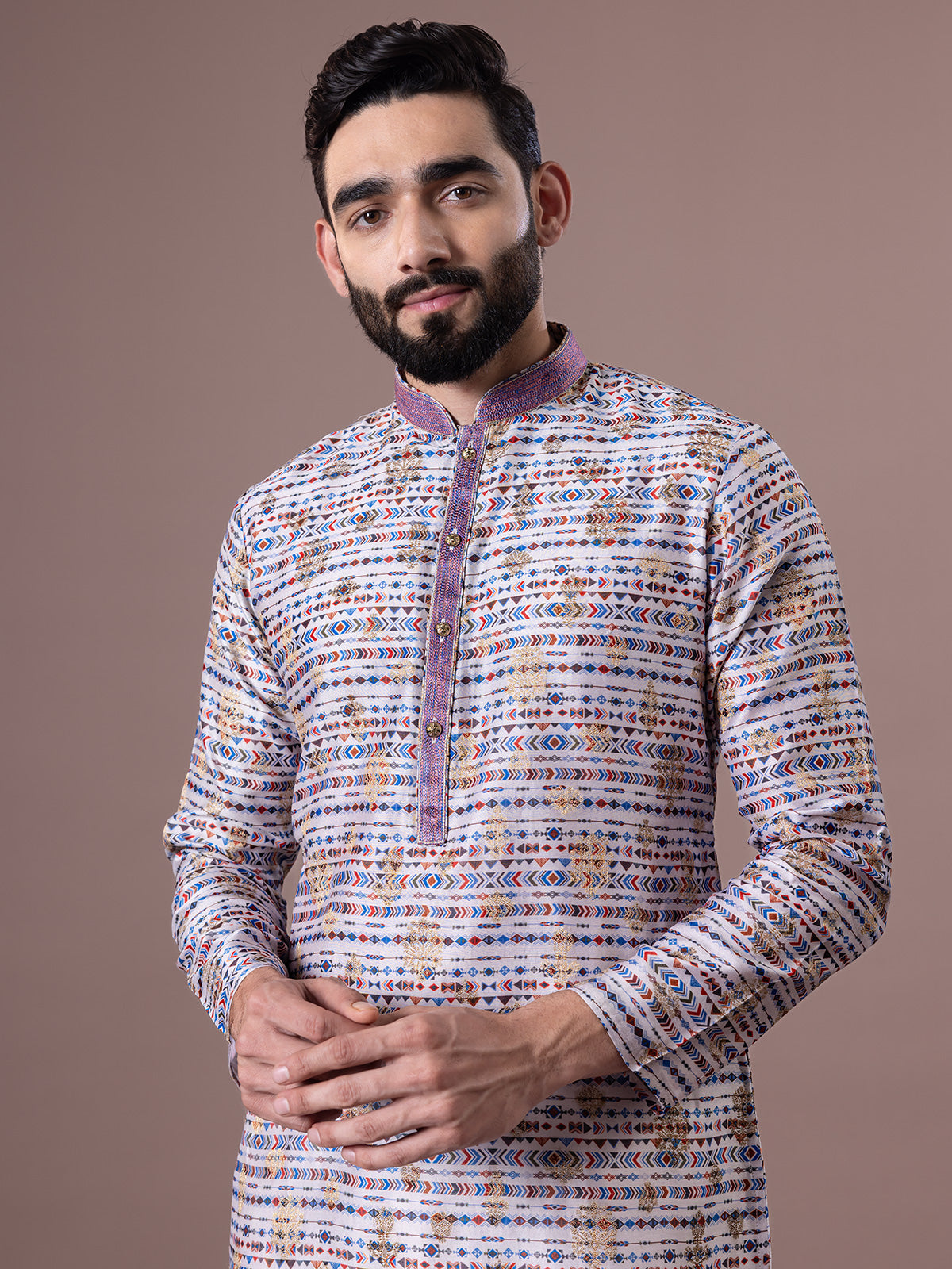 Multi coloured kurta suit with zari work for men